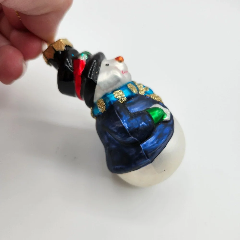 Vintage Santa's Best North Pole Snowmen Glass Ornament Blue Coat Top‎ Hat 1999